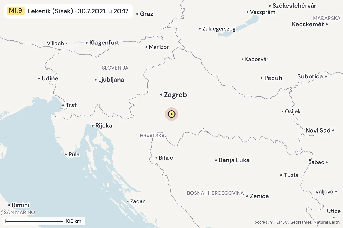 Karta: šire područje, 600 km, potres M1,9, Lekenik (Sisak), 30.7.2021.