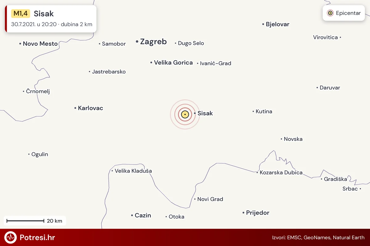 Karta: šire područje i vjerojatni doseg osjeta, potres M1,4, Sisak, 30.7.2021.
