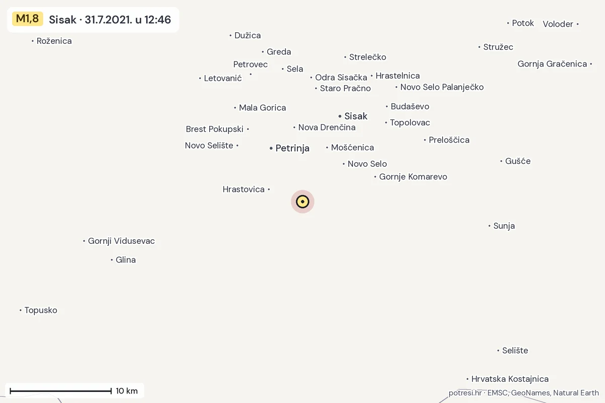 Karta: okolica epicentra, 60 km, potres M1,8, Sisak, 31.7.2021.