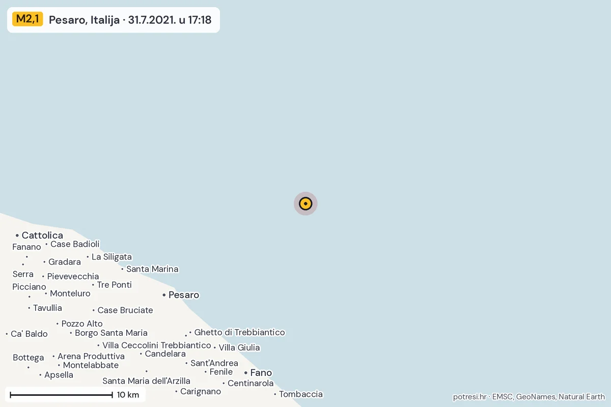 Karta: okolica epicentra, 60 km, potres M2,1, Pesaro, Italija, 31.7.2021.