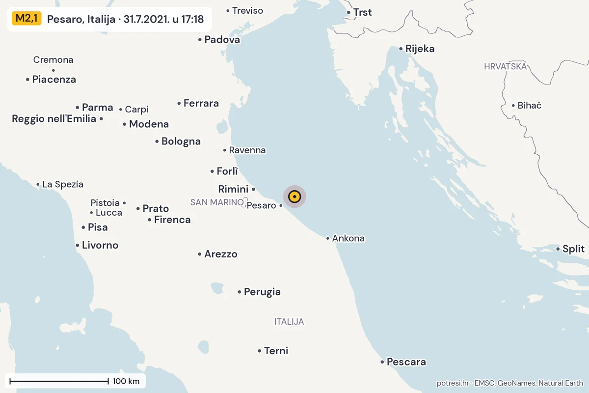 Karta: šire područje, 600 km, potres M2,1, Pesaro, Italija, 31.7.2021.