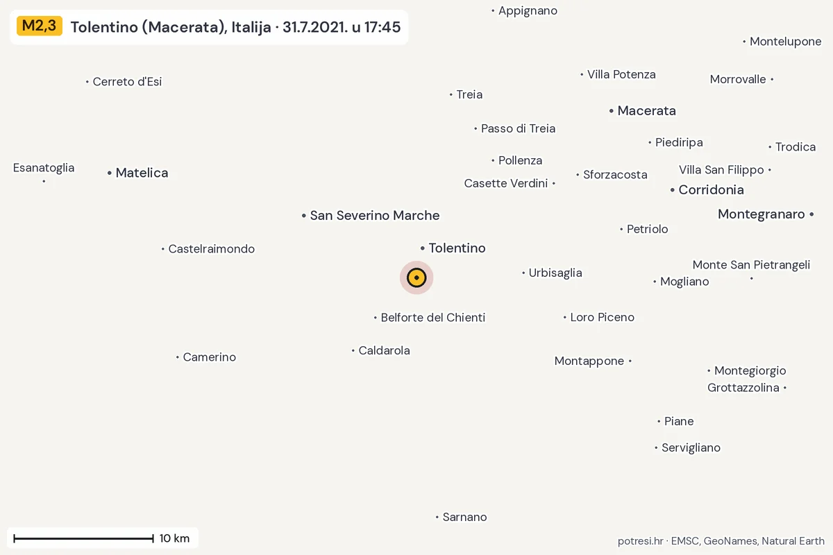 Karta: okolica epicentra, 60 km, potres M2,3, Tolentino (Macerata), Italija, 31.7.2021.