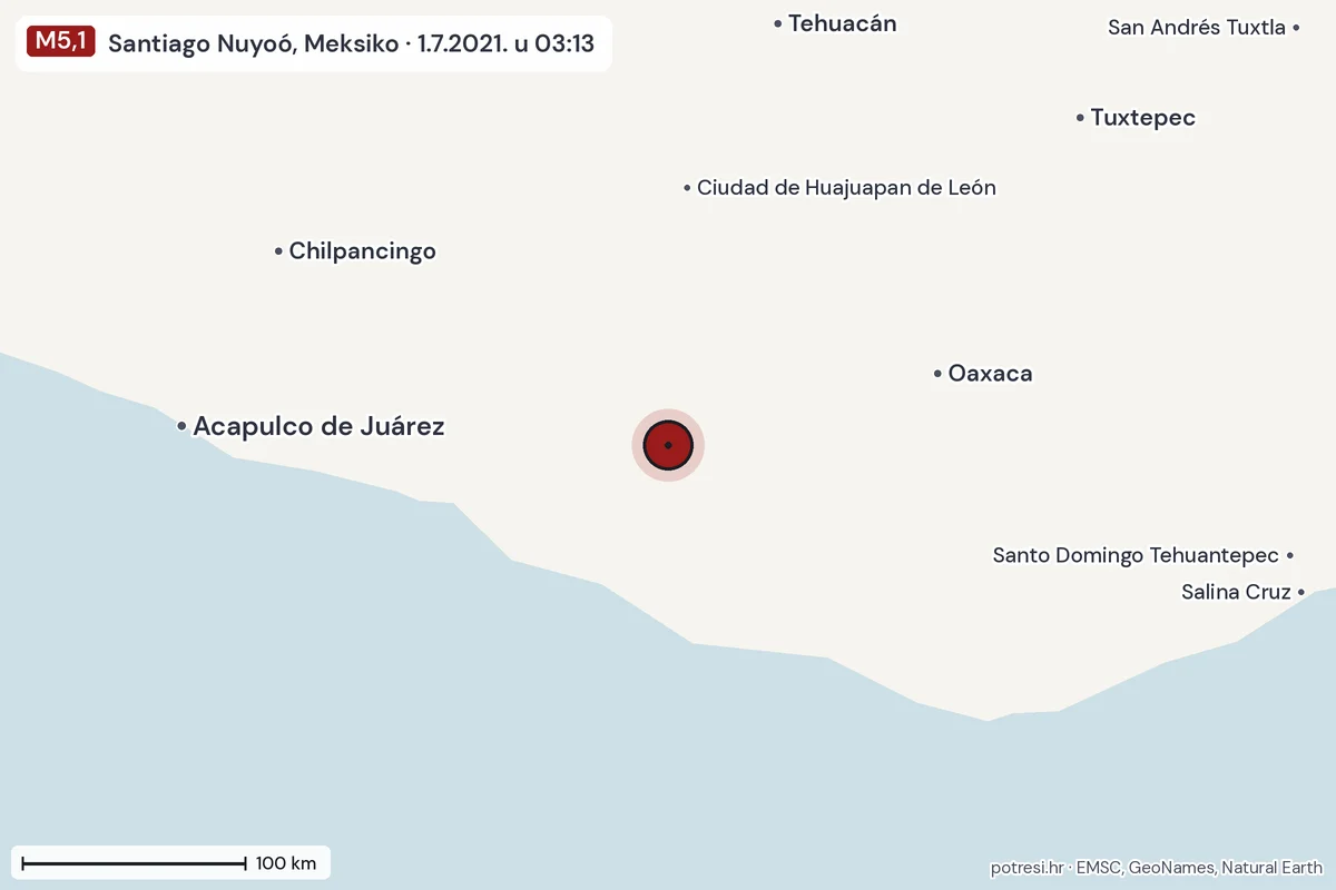 Karta: šire područje, 600 km, potres M5,1, Santiago Nuyoó, Meksiko, 1.7.2021.
