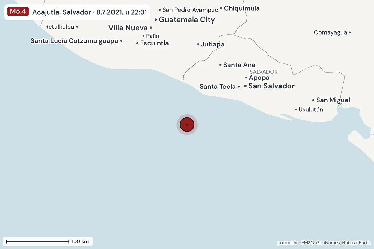 Karta: šire područje, 600 km, potres M5,4, Acajutla, Salvador, 8.7.2021.