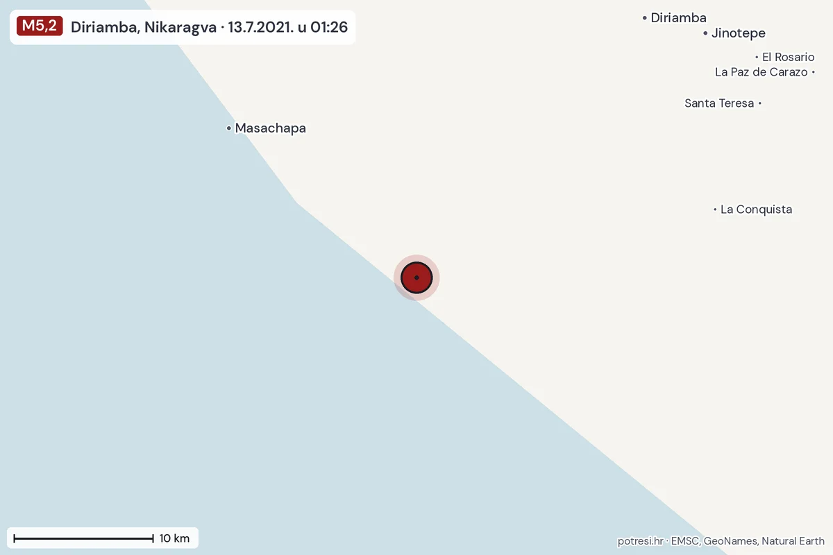 Karta: okolica epicentra, 60 km, potres M5,2, Diriamba, Nikaragva, 13.7.2021.