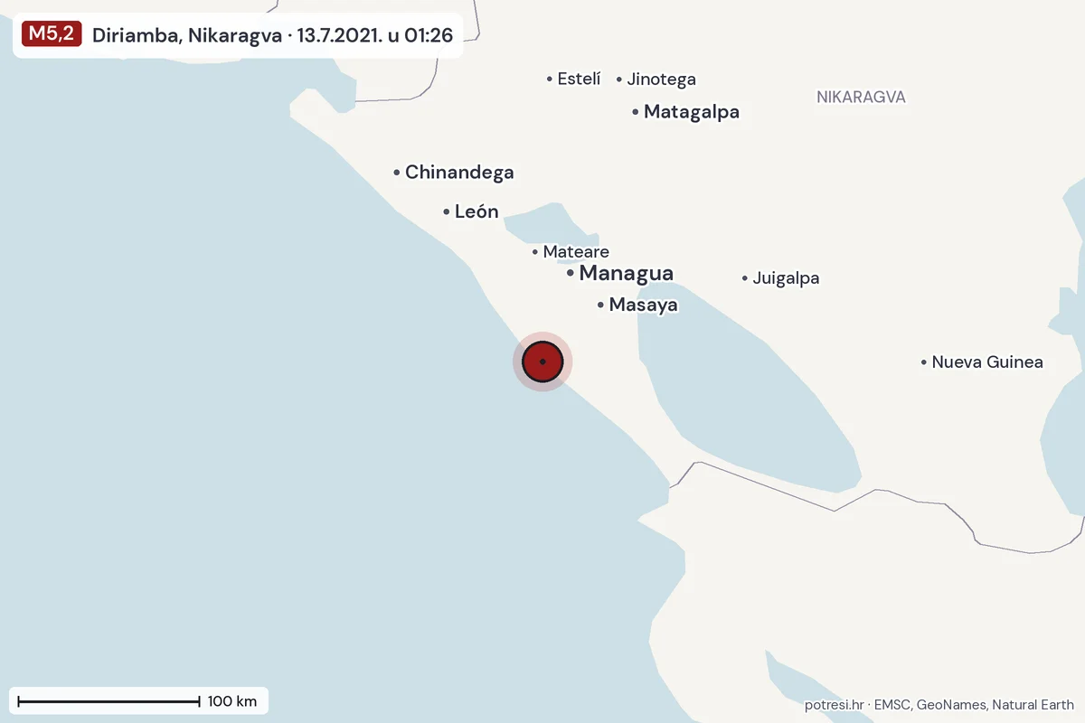 Karta: šire područje, 600 km, potres M5,2, Diriamba, Nikaragva, 13.7.2021.