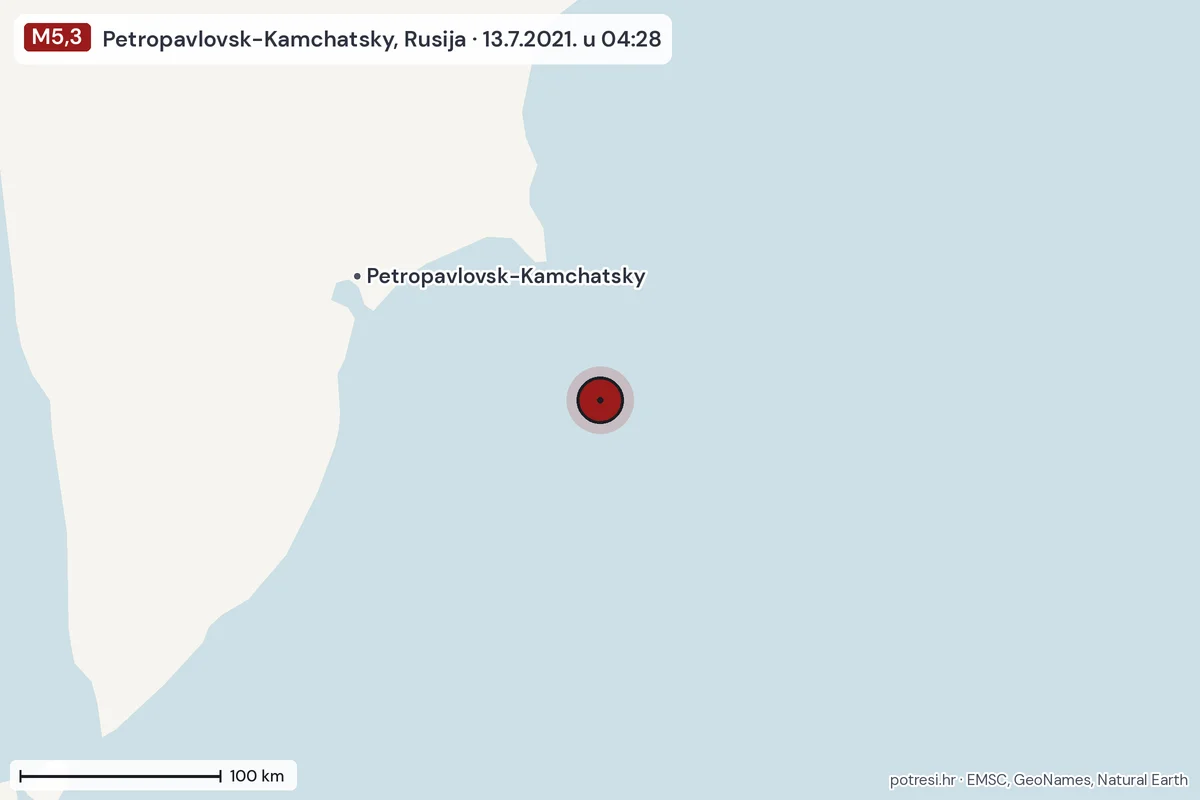 Karta: šire područje, 600 km, potres M5,3, Petropavlovsk-Kamchatsky, Rusija, 13.7.2021.