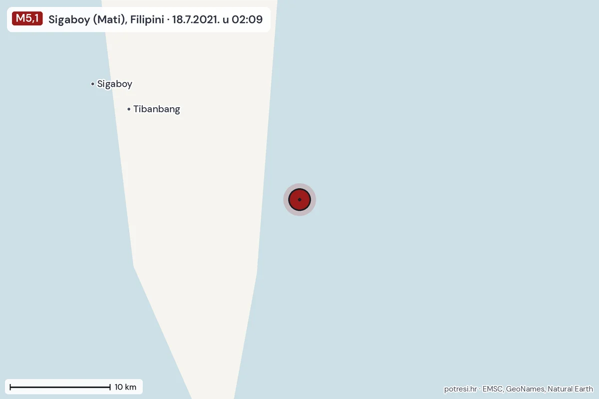 Karta: okolica epicentra, 60 km, potres M5,1, Sigaboy (Mati), Filipini, 18.7.2021.