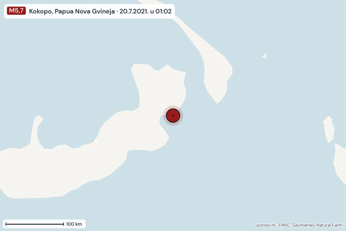 Karta: šire područje, 600 km, potres M5,7, Kokopo, Papua Nova Gvineja, 20.7.2021.