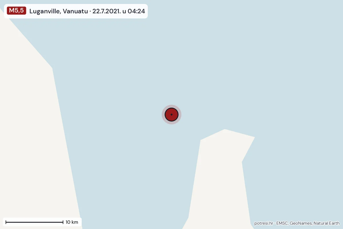 Karta: okolica epicentra, 60 km, potres M5,5, Luganville, Vanuatu, 22.7.2021.