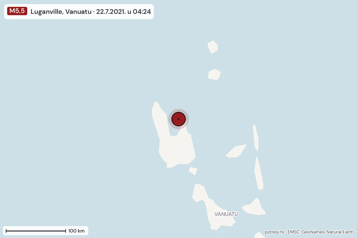 Karta: šire područje, 600 km, potres M5,5, Luganville, Vanuatu, 22.7.2021.