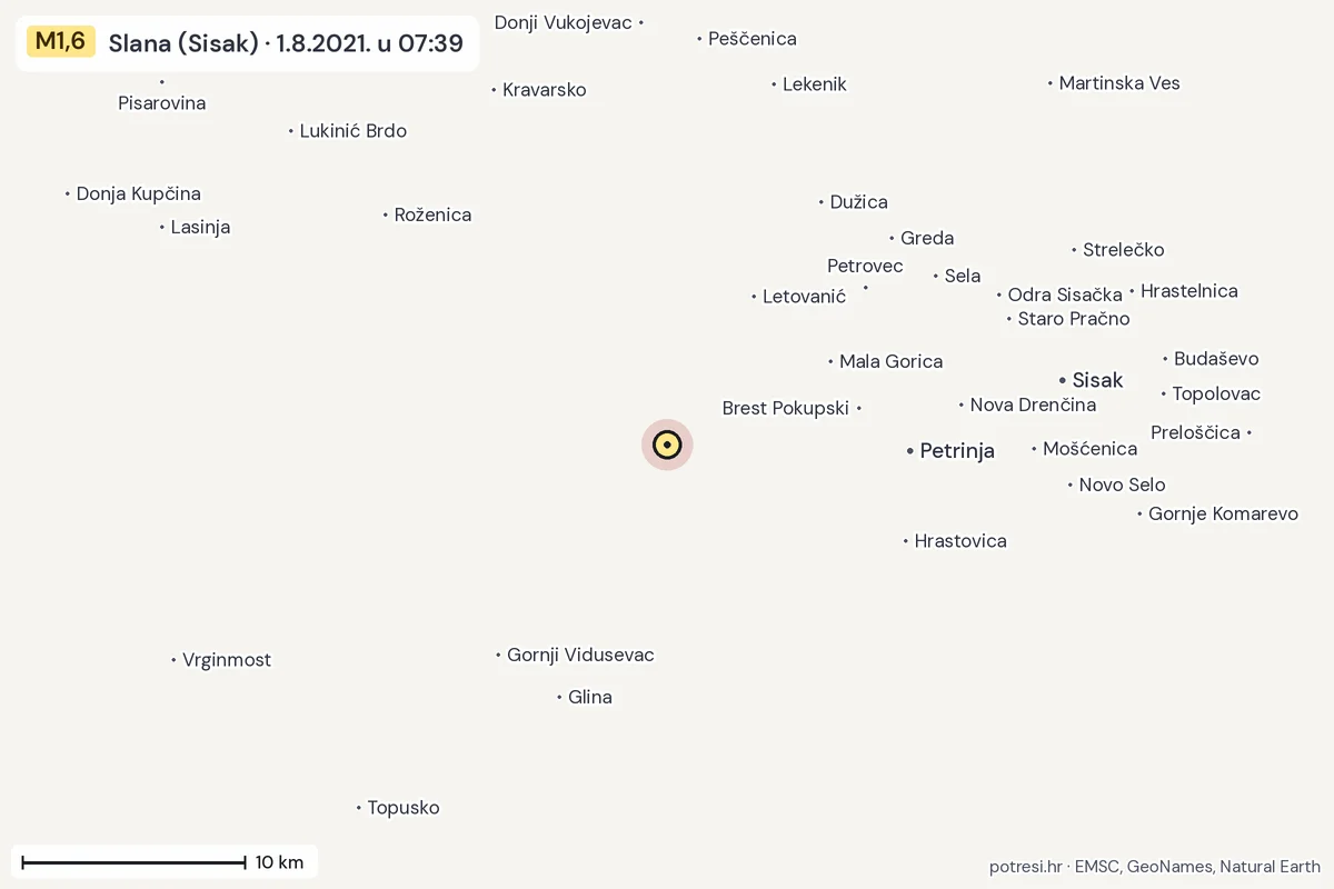 Karta: okolica epicentra, 60 km, potres M1,6, Slana (Sisak), 1.8.2021.