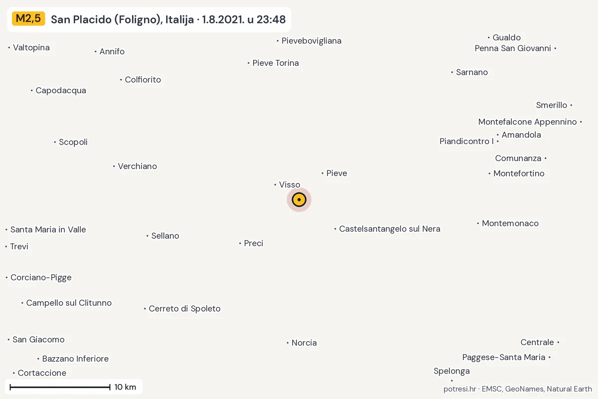 Karta: okolica epicentra, 60 km, potres M2,5, San Placido (Foligno), Italija, 1.8.2021.