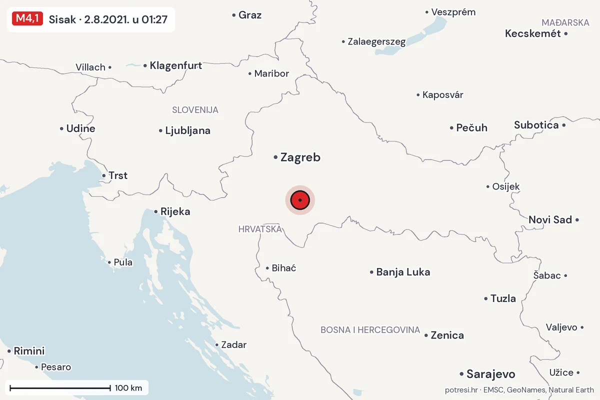 Karta: šire područje, 600 km, potres M4,1, Sisak, 2.8.2021.