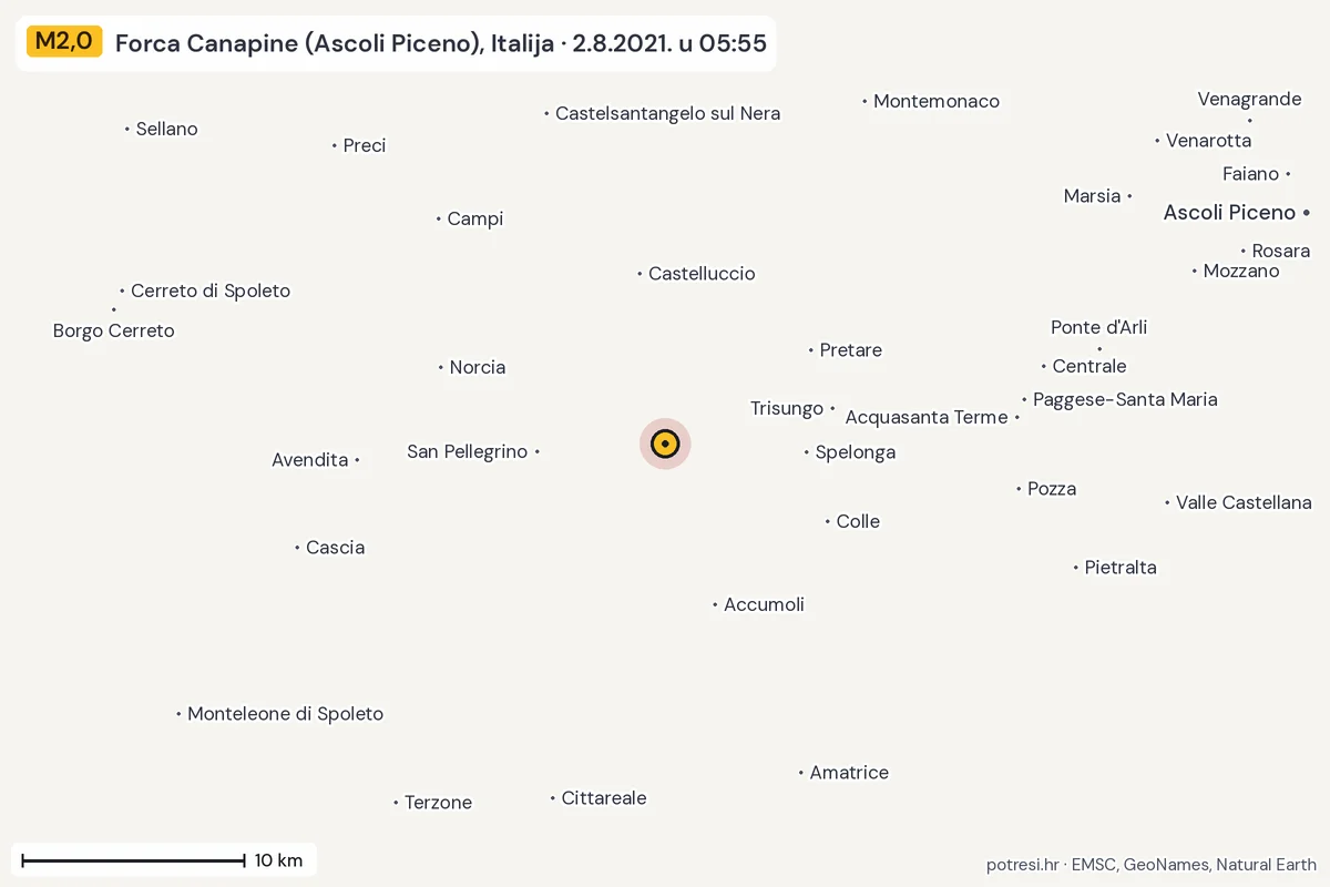Karta: okolica epicentra, 60 km, potres M2,0, Forca Canapine (Ascoli Piceno), Italija, 2.8.2021.