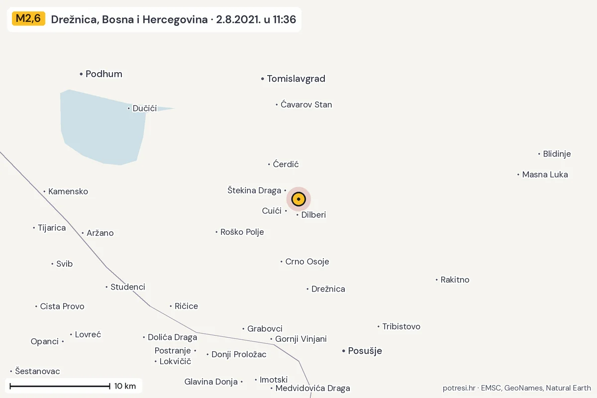 Karta: okolica epicentra, 60 km, potres M2,6, Drežnica, Bosna i Hercegovina, 2.8.2021.