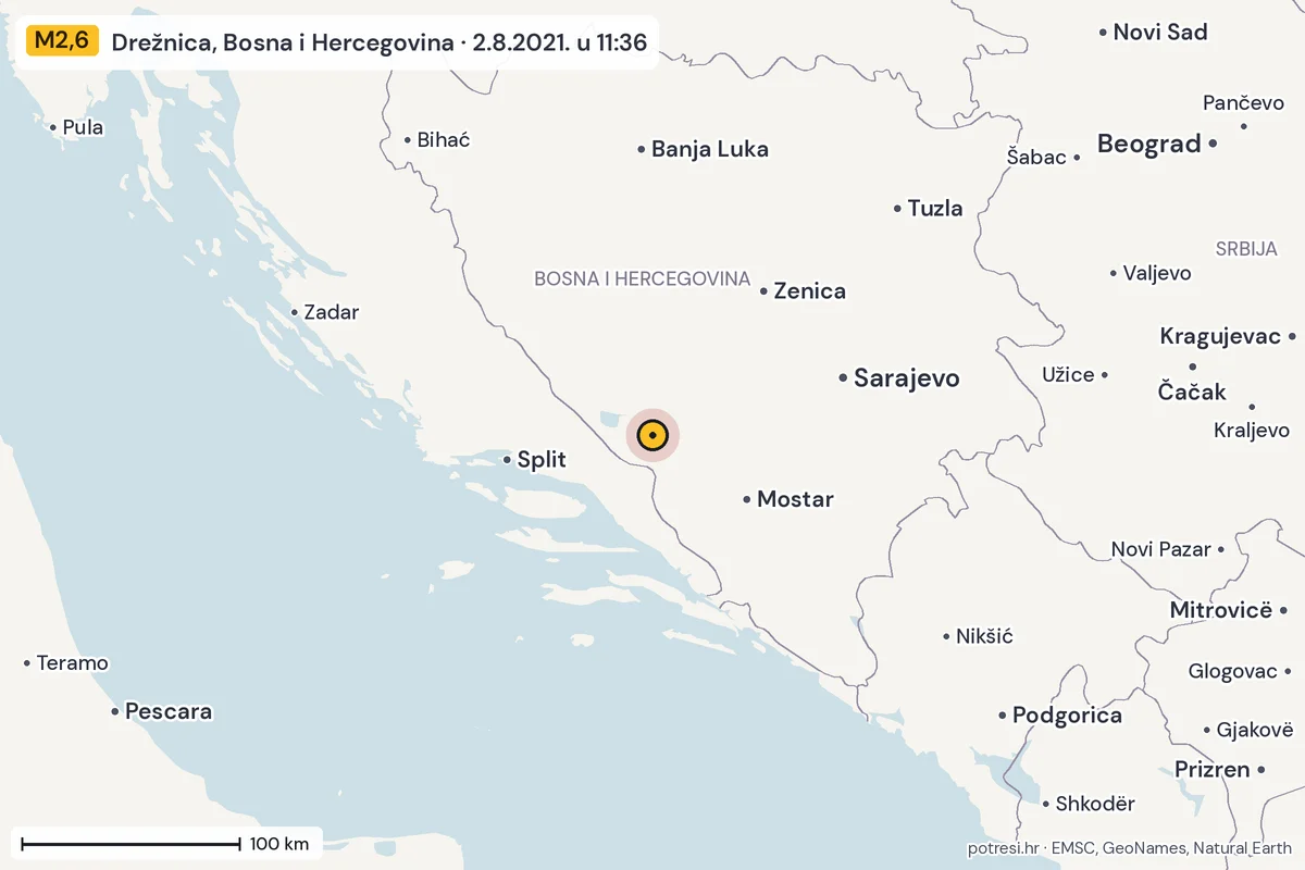 Karta: šire područje, 600 km, potres M2,6, Drežnica, Bosna i Hercegovina, 2.8.2021.