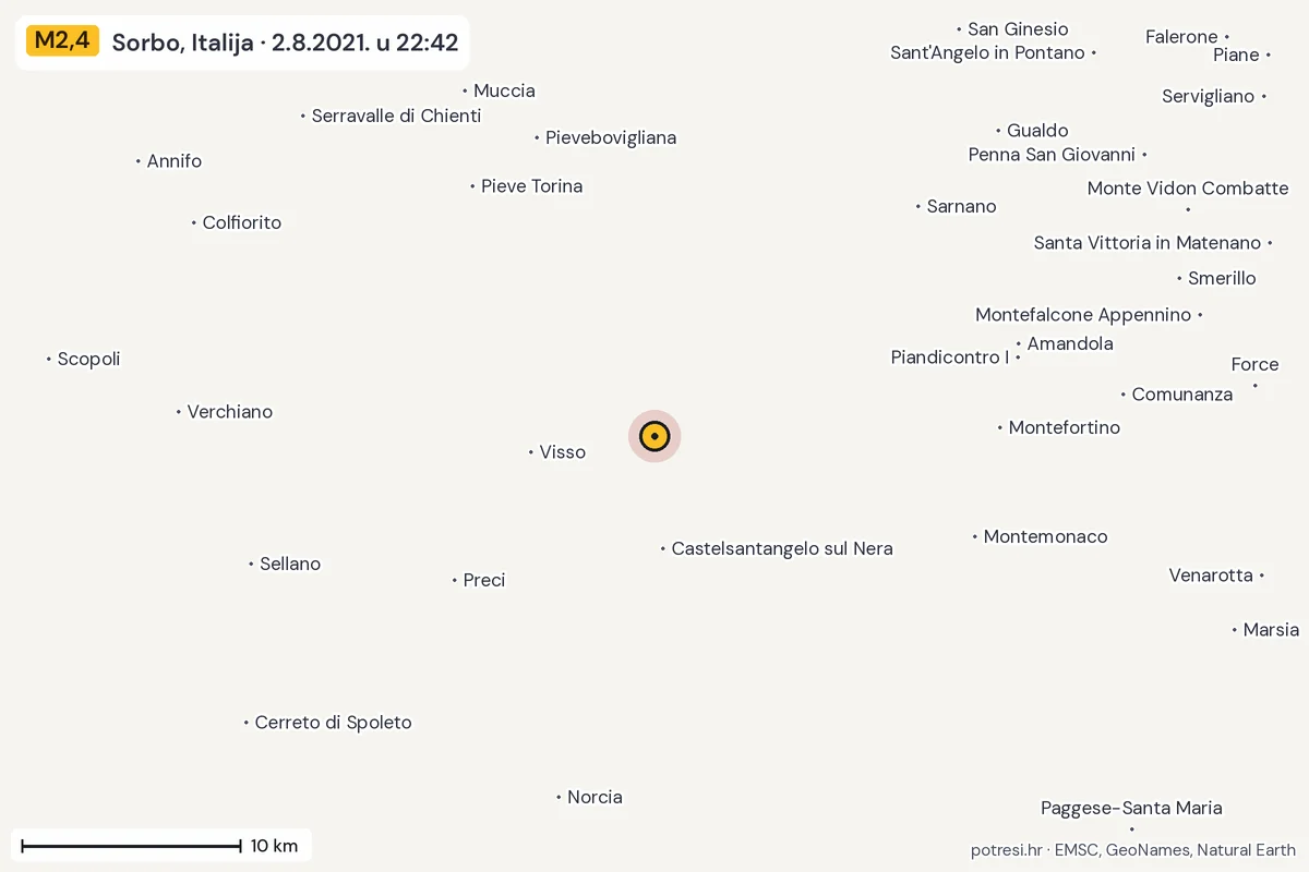 Karta: okolica epicentra, 60 km, potres M2,4, Sorbo, Italija, 2.8.2021.