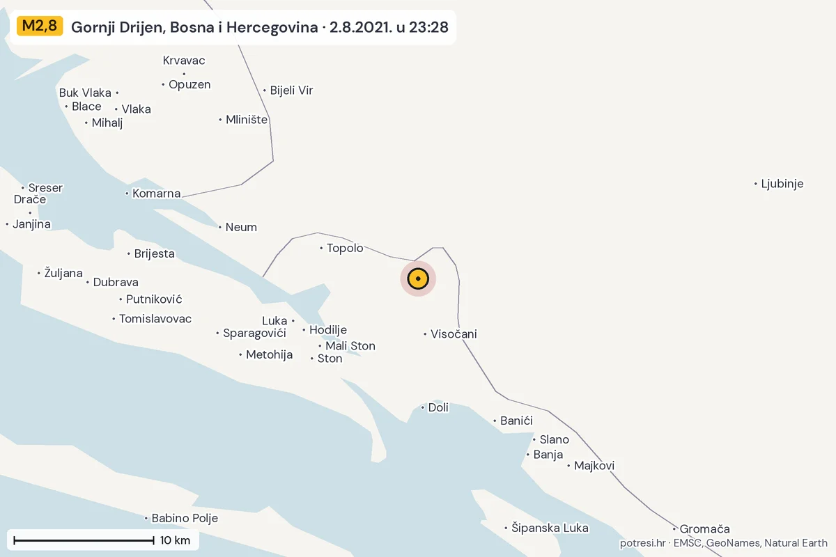 Karta: okolica epicentra, 60 km, potres M2,8, Gornji Drijen, Bosna i Hercegovina, 2.8.2021.