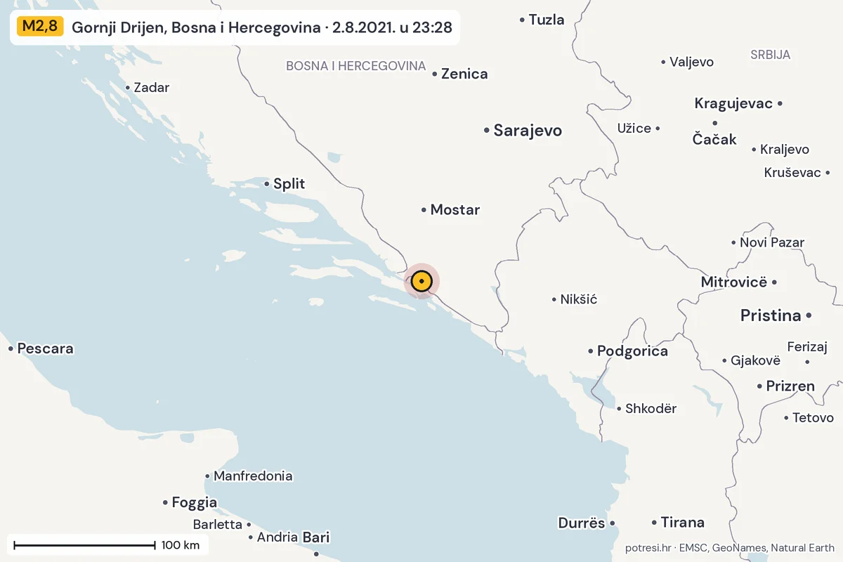 Karta: šire područje, 600 km, potres M2,8, Gornji Drijen, Bosna i Hercegovina, 2.8.2021.