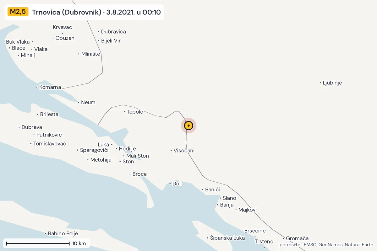 Karta: okolica epicentra, 60 km, potres M2,5, Trnovica (Dubrovnik), 3.8.2021.
