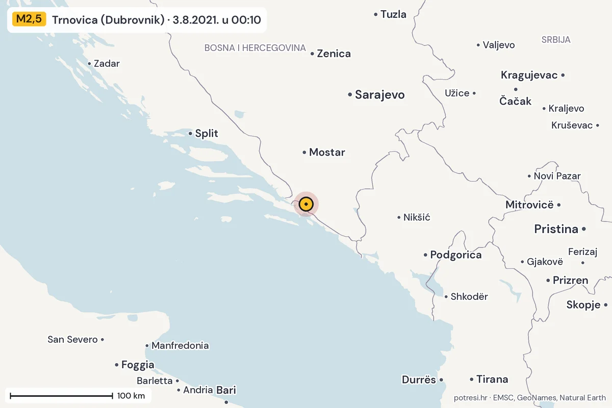 Karta: šire područje, 600 km, potres M2,5, Trnovica (Dubrovnik), 3.8.2021.