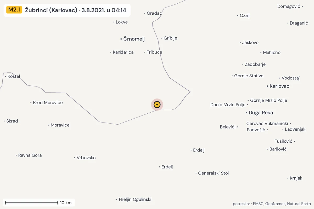 Karta: okolica epicentra, 60 km, potres M2,1, Žubrinci (Karlovac), 3.8.2021.