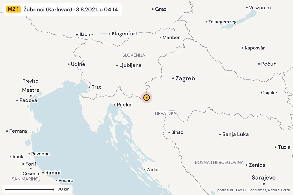 Karta: šire područje, 600 km, potres M2,1, Žubrinci (Karlovac), 3.8.2021.