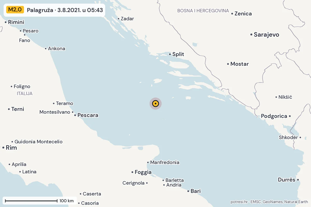 Karta: šire područje, 600 km, potres M2,0, Palagruža, 3.8.2021.