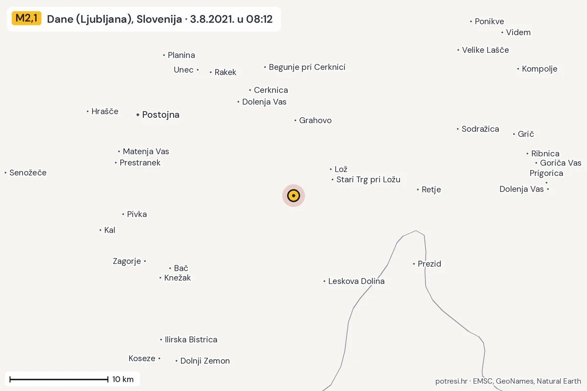 Karta: okolica epicentra, 60 km, potres M2,1, Dane (Ljubljana), Slovenija, 3.8.2021.