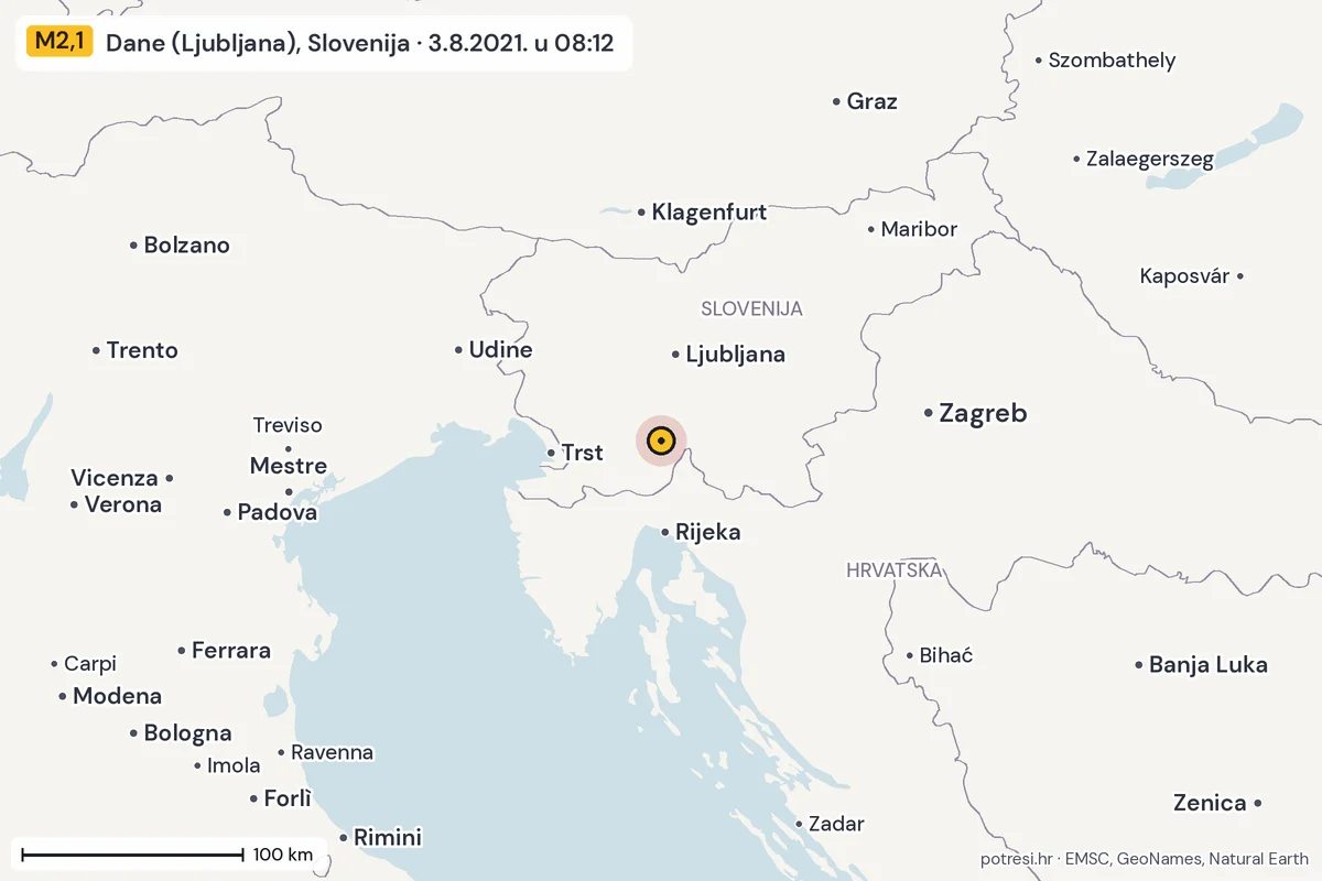 Karta: šire područje, 600 km, potres M2,1, Dane (Ljubljana), Slovenija, 3.8.2021.