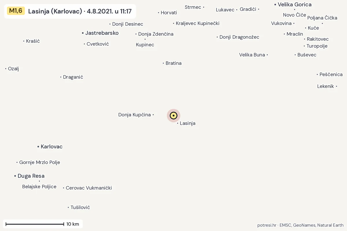 Karta: okolica epicentra, 60 km, potres M1,6, Lasinja (Karlovac), 4.8.2021.