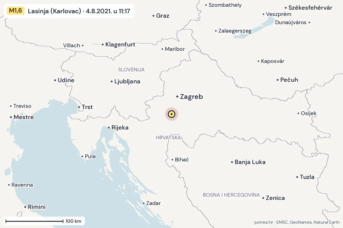 Karta: šire područje, 600 km, potres M1,6, Lasinja (Karlovac), 4.8.2021.
