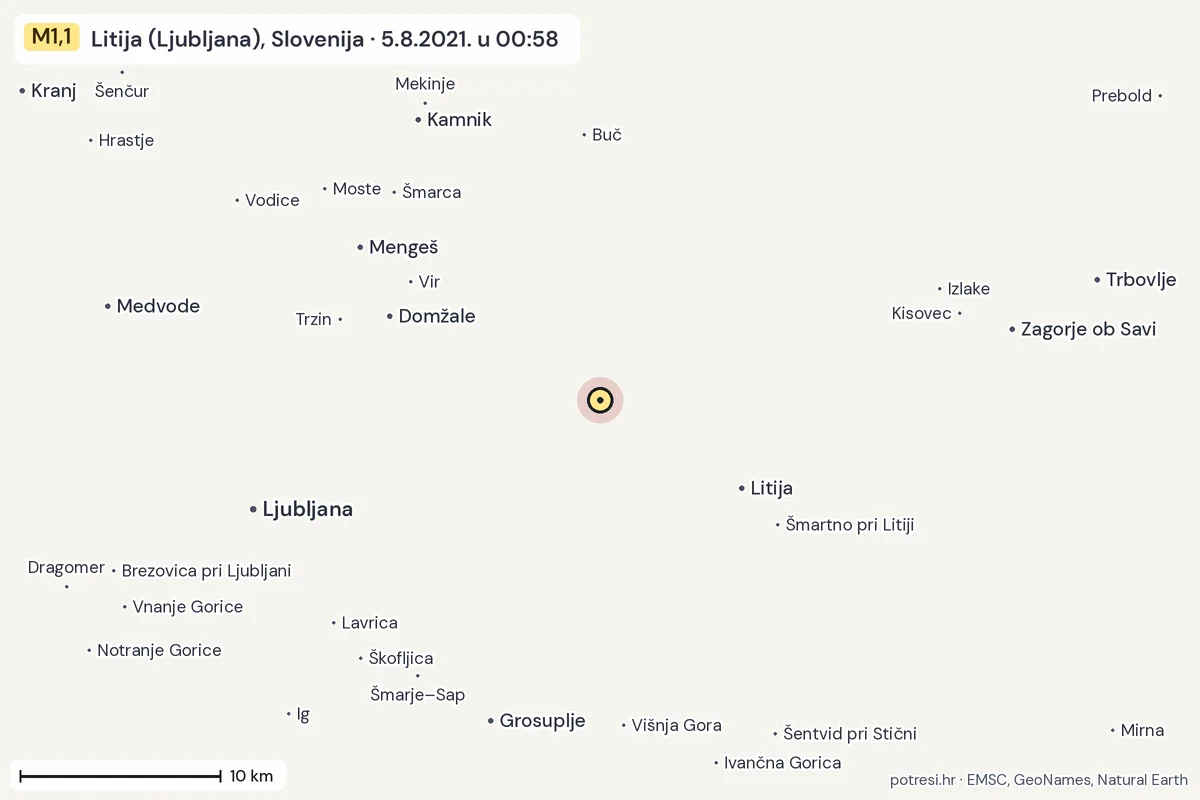 Karta: okolica epicentra, 60 km, potres M1,1, Litija (Ljubljana), Slovenija, 5.8.2021.