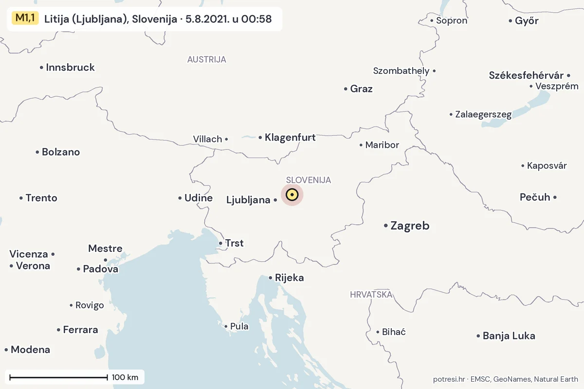 Karta: šire područje, 600 km, potres M1,1, Litija (Ljubljana), Slovenija, 5.8.2021.