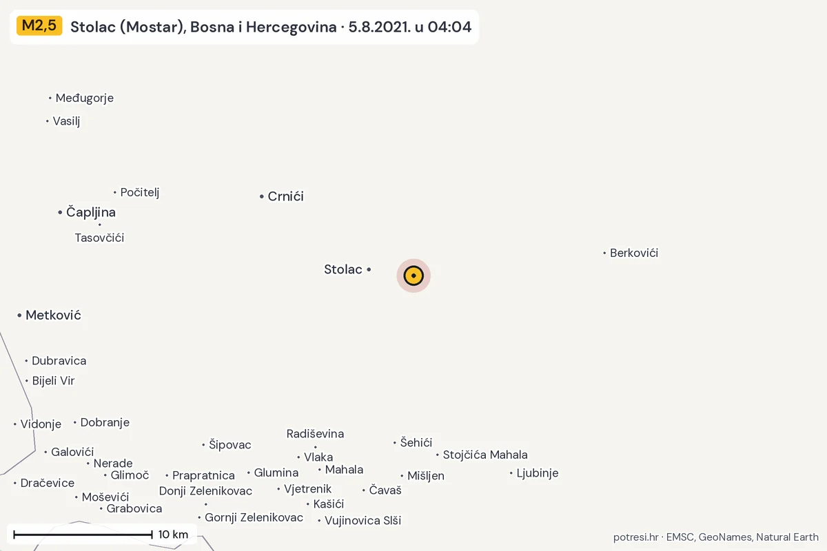 Karta: okolica epicentra, 60 km, potres M2,5, Stolac (Mostar), Bosna i Hercegovina, 5.8.2021.