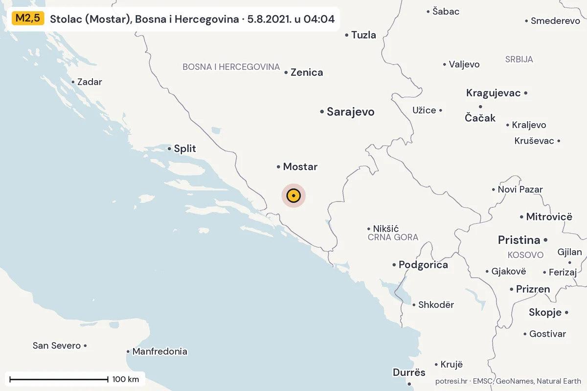 Karta: šire područje, 600 km, potres M2,5, Stolac (Mostar), Bosna i Hercegovina, 5.8.2021.