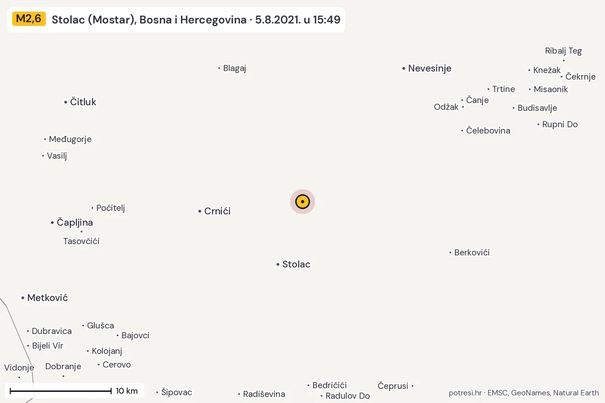 Karta: okolica epicentra, 60 km, potres M2,6, Stolac (Mostar), Bosna i Hercegovina, 5.8.2021.