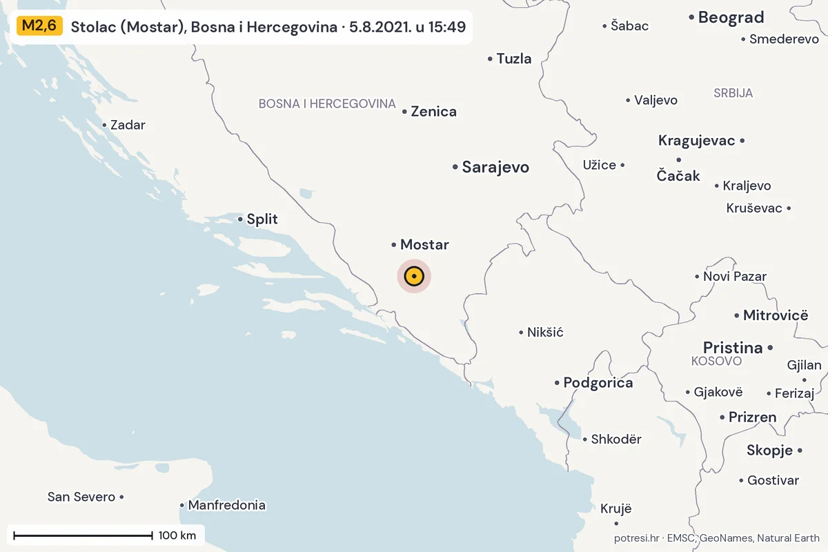 Karta: šire područje, 600 km, potres M2,6, Stolac (Mostar), Bosna i Hercegovina, 5.8.2021.