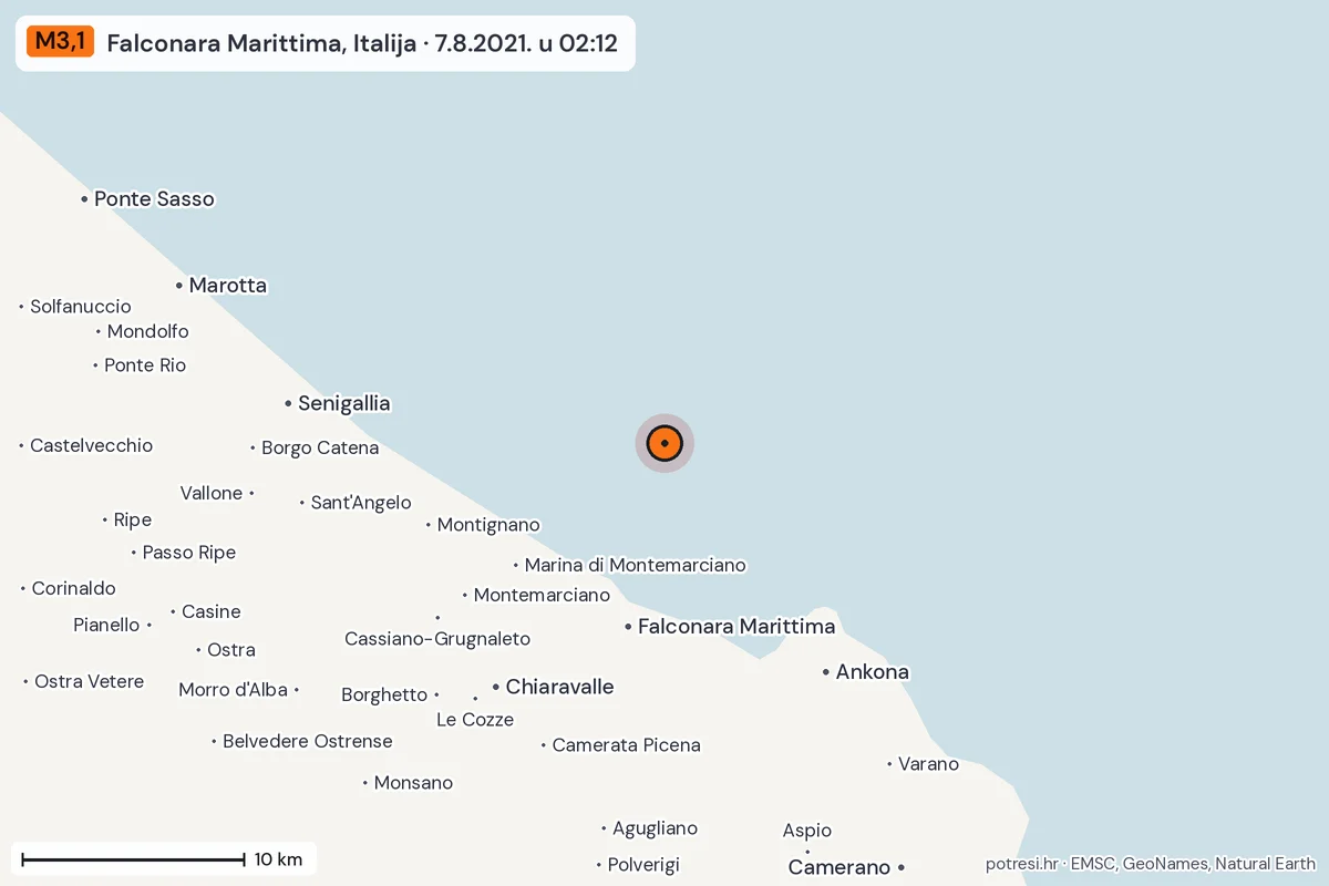 Karta: okolica epicentra, 60 km, potres M3,1, Falconara Marittima, Italija, 7.8.2021.