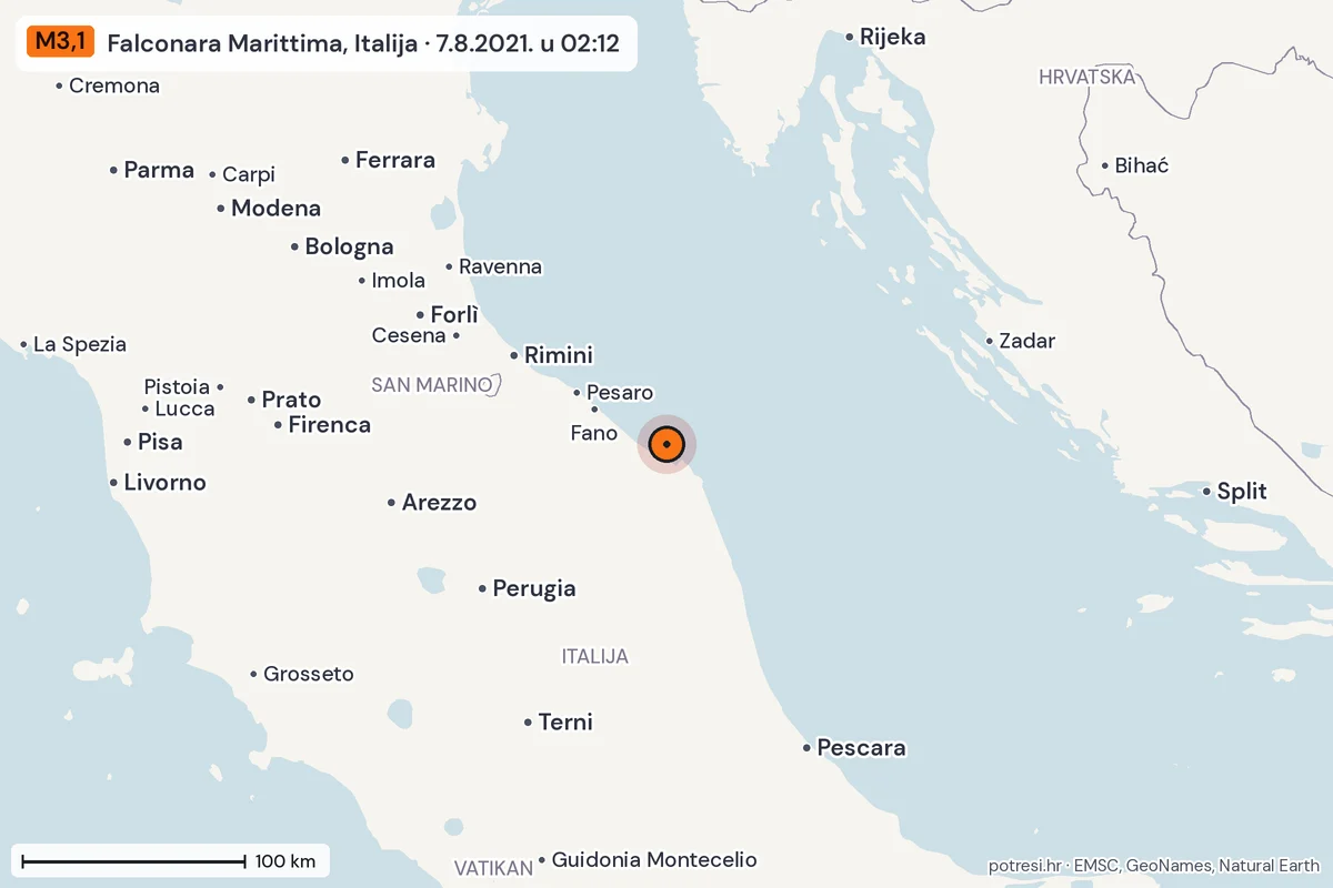Karta: šire područje, 600 km, potres M3,1, Falconara Marittima, Italija, 7.8.2021.