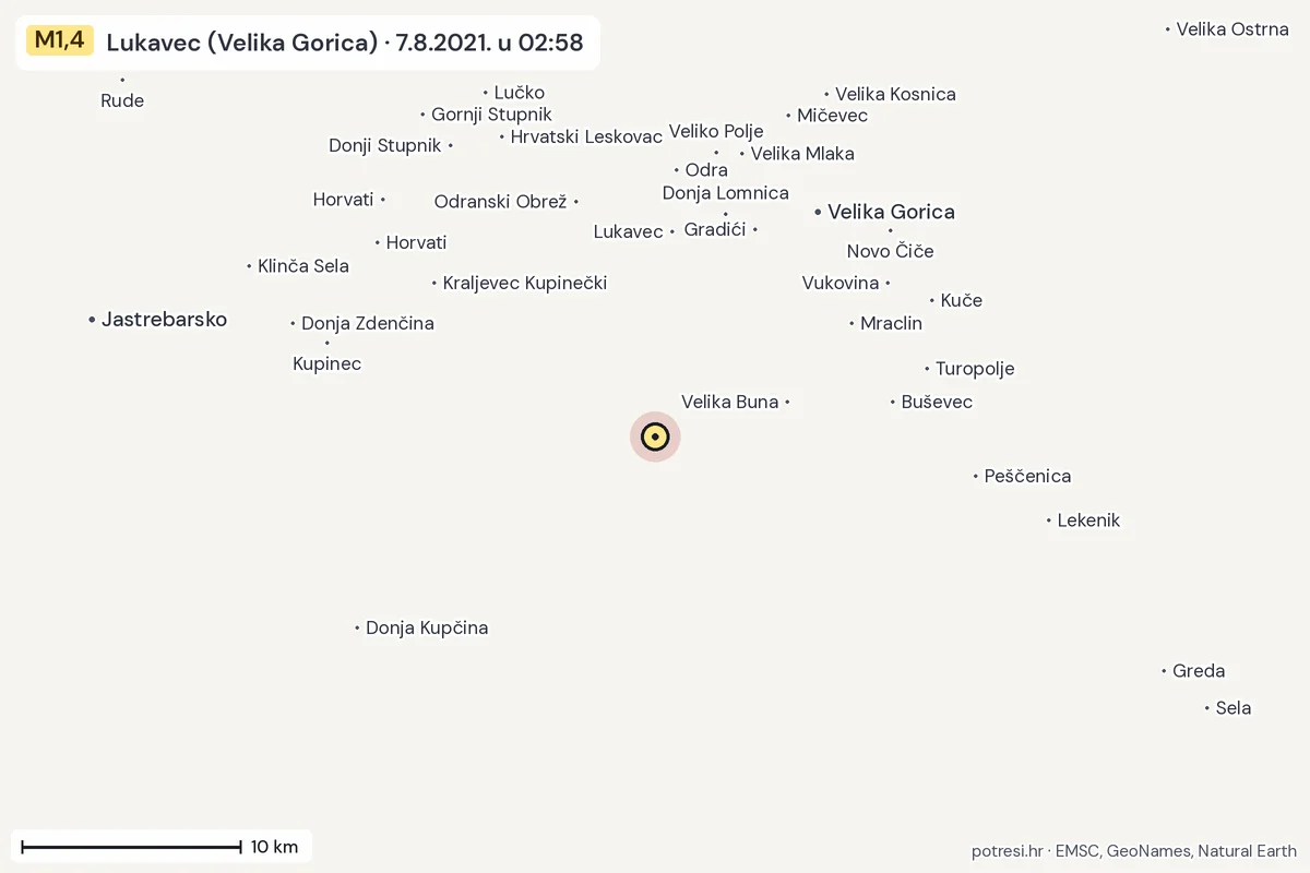 Karta: okolica epicentra, 60 km, potres M1,4, Lukavec (Velika Gorica), 7.8.2021.
