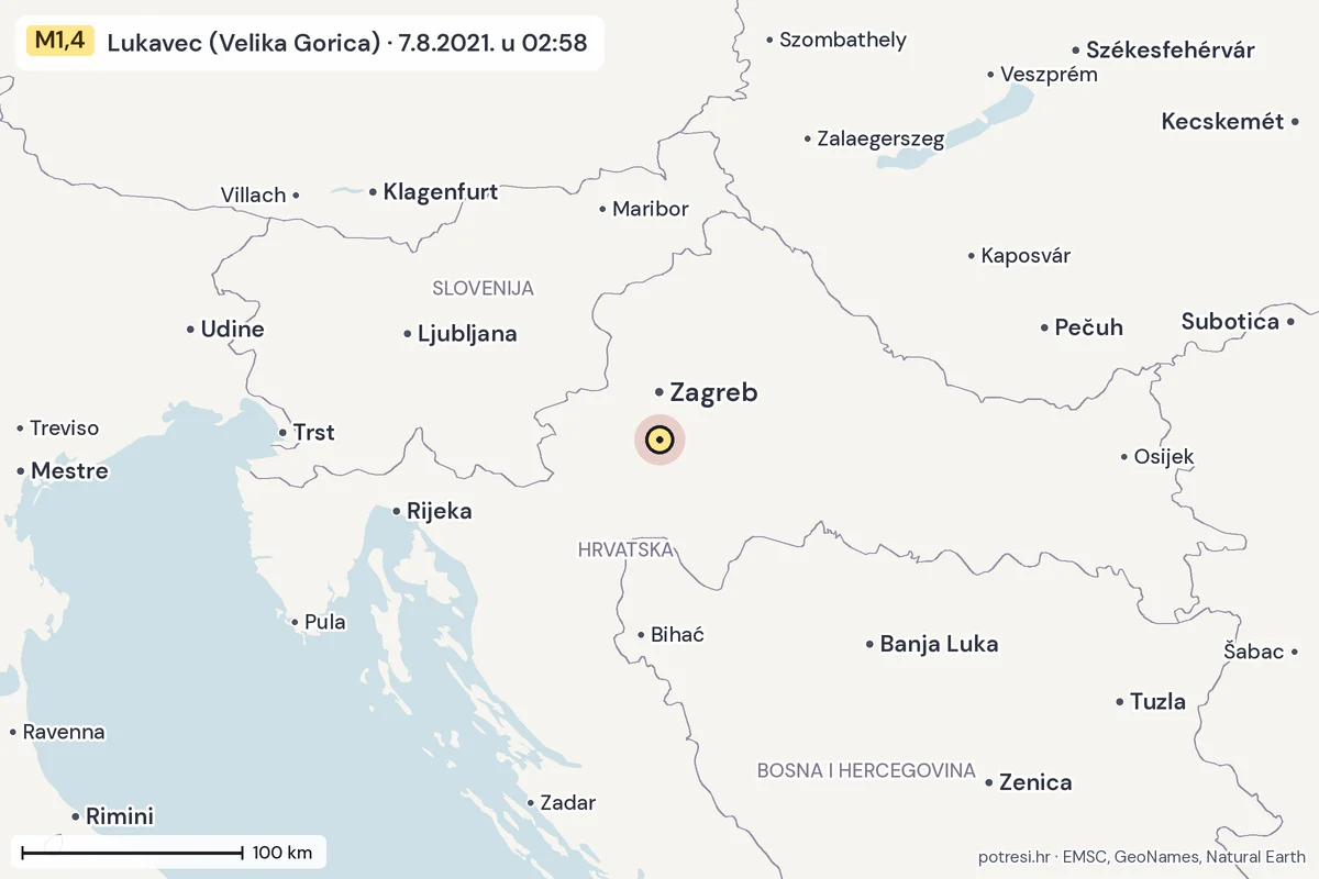 Karta: šire područje, 600 km, potres M1,4, Lukavec (Velika Gorica), 7.8.2021.