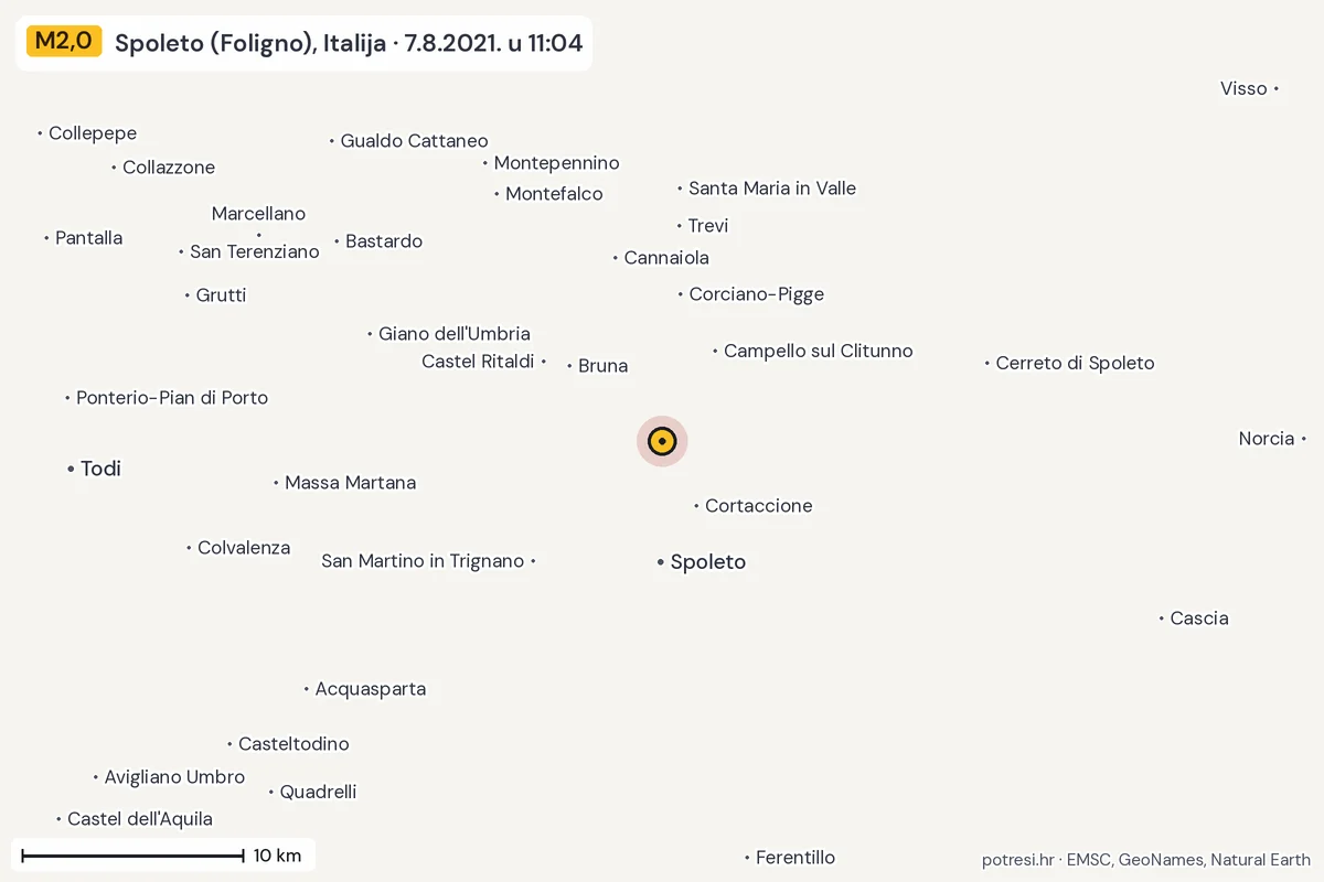 Karta: okolica epicentra, 60 km, potres M2,0, Spoleto (Foligno), Italija, 7.8.2021.