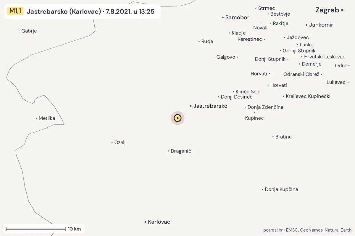 Karta: okolica epicentra, 60 km, potres M1,1, Jastrebarsko (Karlovac), 7.8.2021.