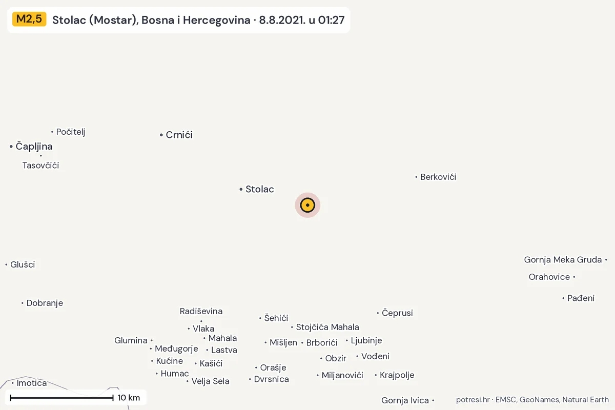 Karta: okolica epicentra, 60 km, potres M2,5, Stolac (Mostar), Bosna i Hercegovina, 8.8.2021.