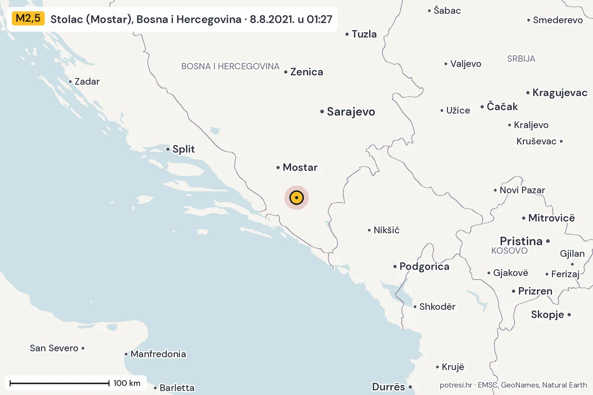 Karta: šire područje, 600 km, potres M2,5, Stolac (Mostar), Bosna i Hercegovina, 8.8.2021.