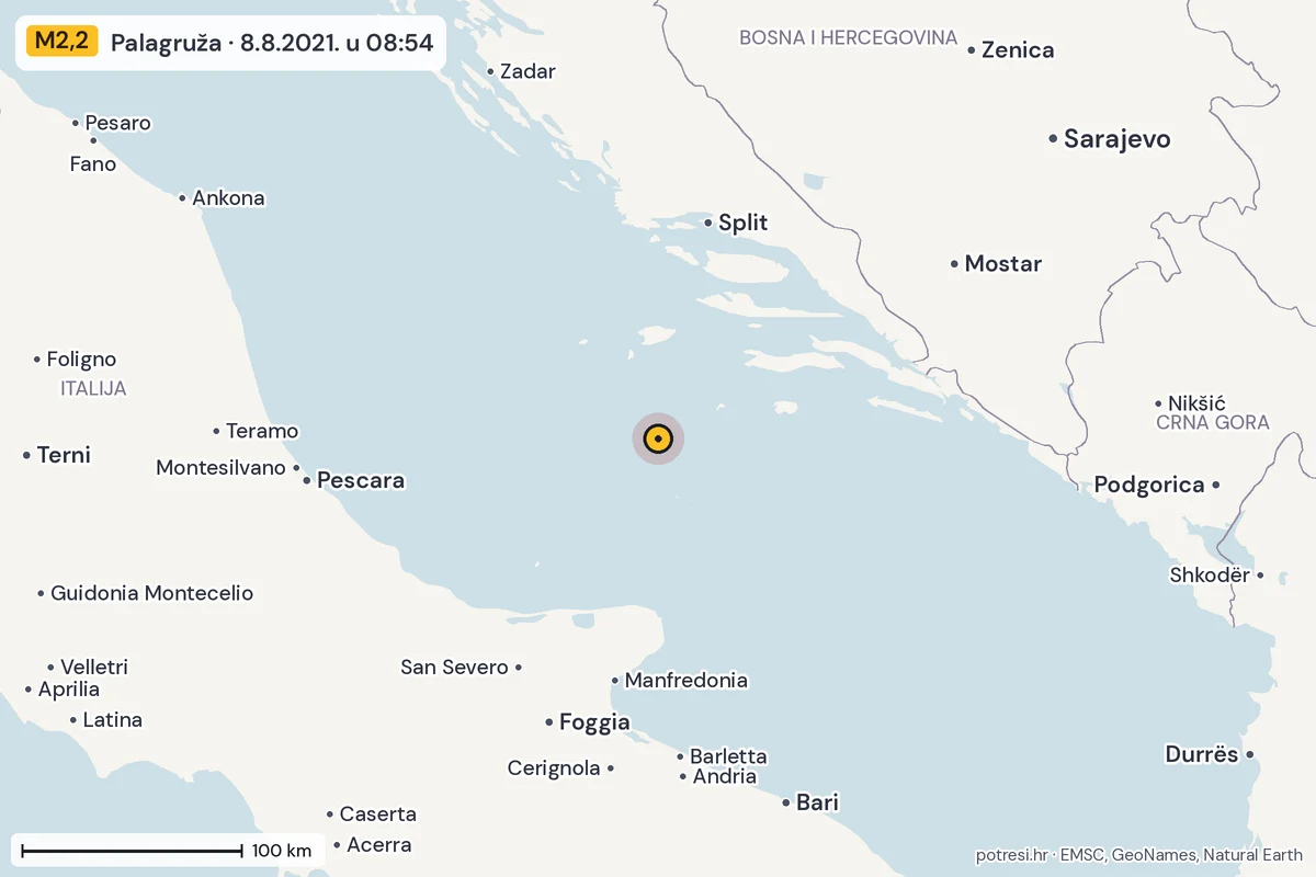 Karta: šire područje, 600 km, potres M2,2, Palagruža, 8.8.2021.