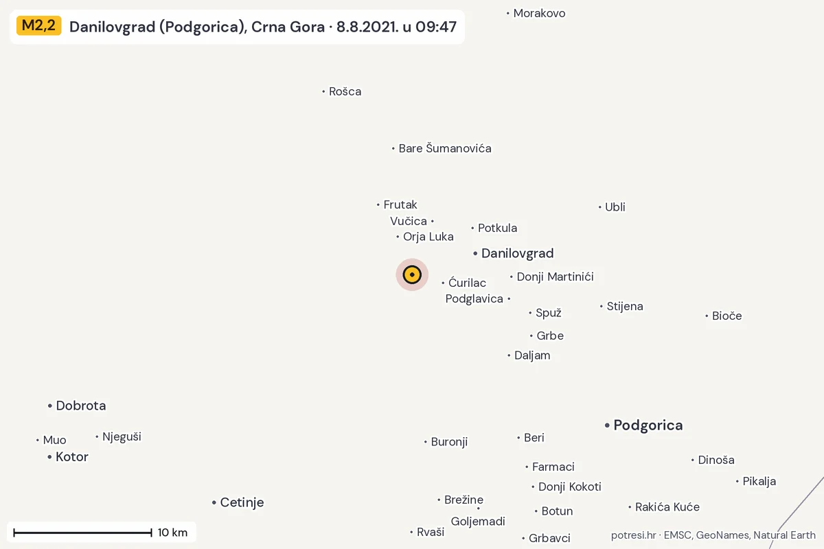 Karta: okolica epicentra, 60 km, potres M2,2, Danilovgrad (Podgorica), Crna Gora, 8.8.2021.