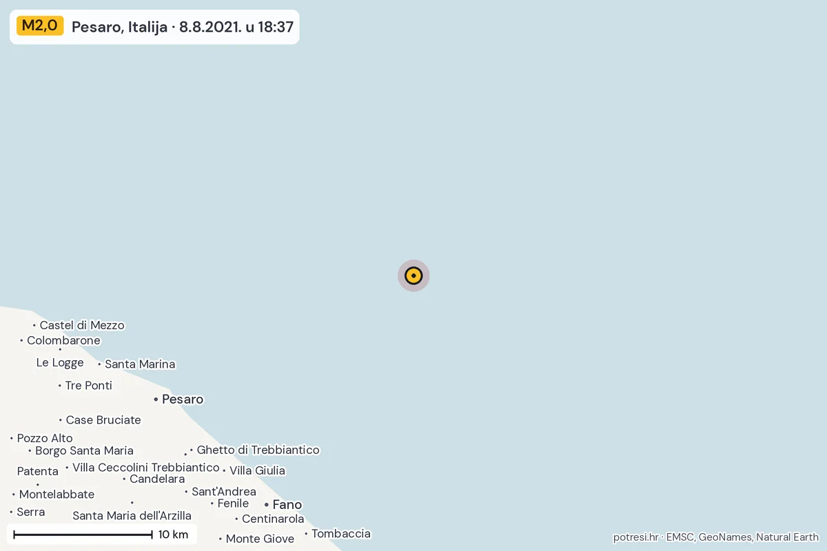 Karta: okolica epicentra, 60 km, potres M2,0, Pesaro, Italija, 8.8.2021.